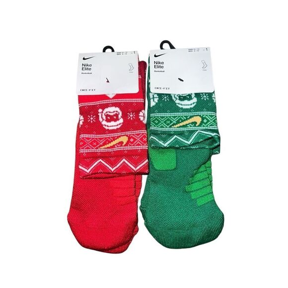 2 Nike ELITE Crew Basketball Socks CHRISTMAS red green Santa W10-13 M8-12 - Picture 1 of 4